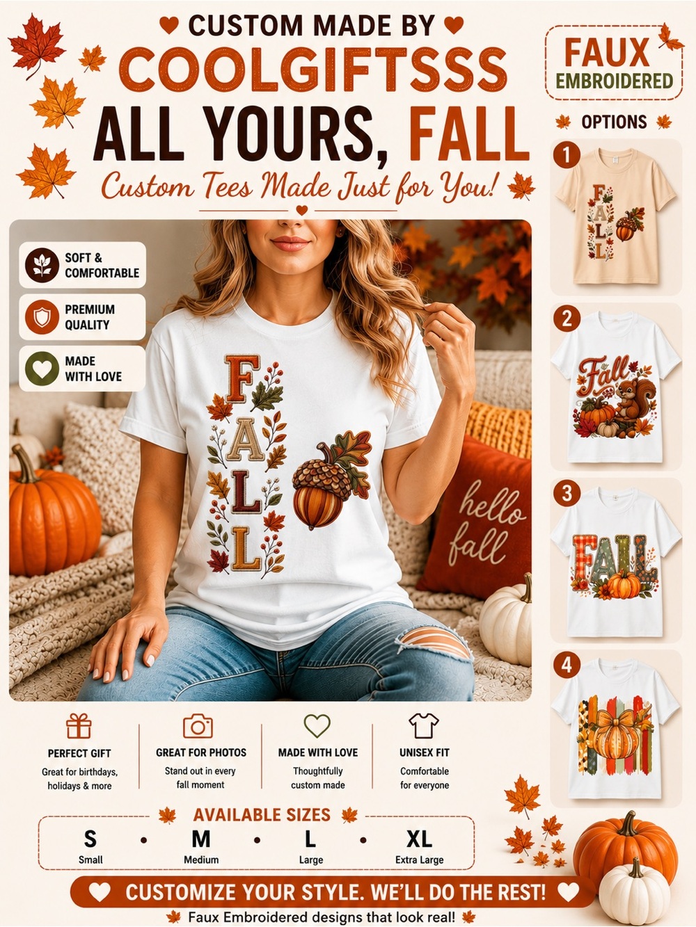 Womens White 'FALL' Faux Embroidered Graphic Tees pick 1. Fun S M L XL. NEW